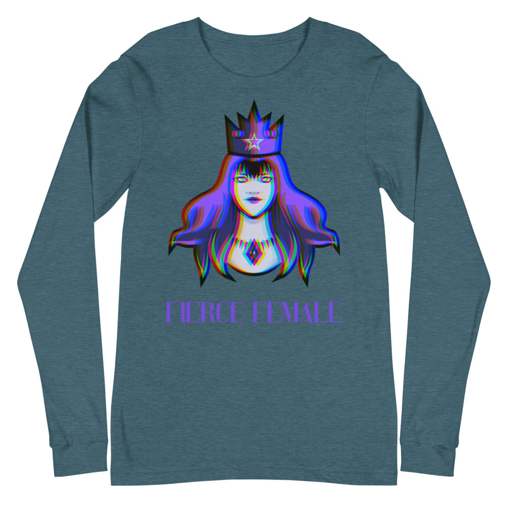Heather teal long-sleeve shirt with a crowned female illustration and “FIERCE FEMALE” text