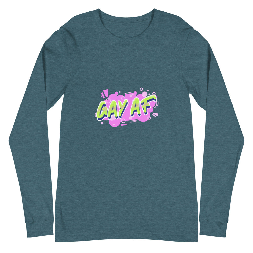 Gay AF unisex long sleeve tee with bold, colorful graffiti text. Model with long straight hair poses against pastel gradient backdrop.