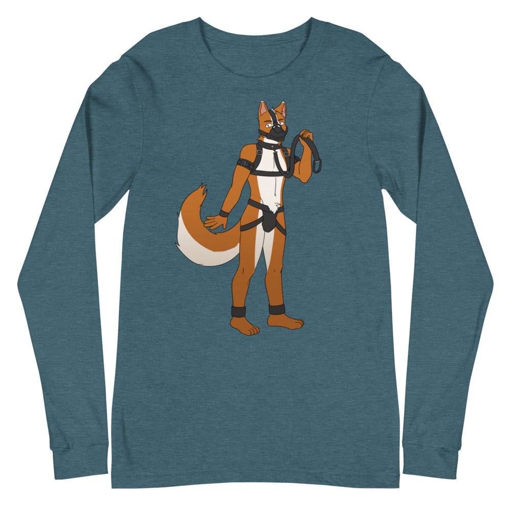 Deep teal long-sleeve shirt with an illustrated masked anthropomorphic fox in harness gear