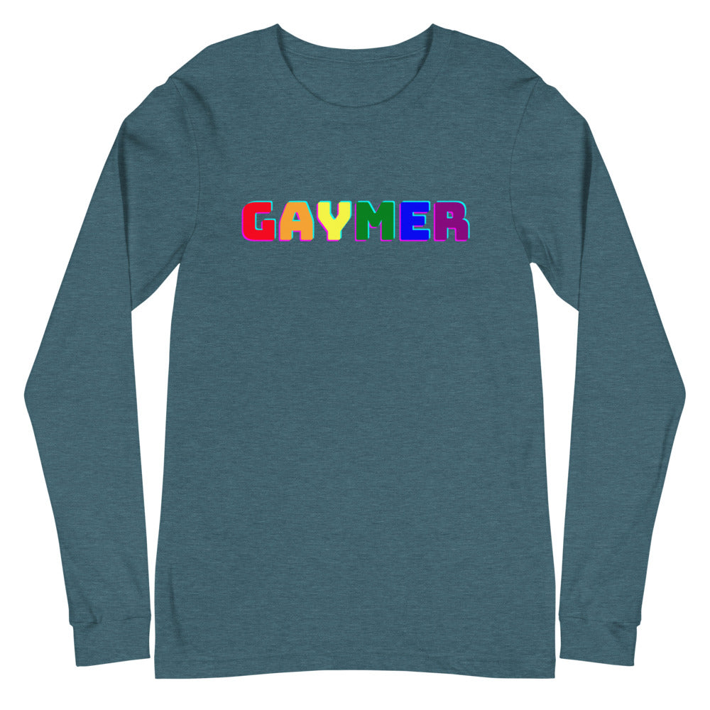 Front view of a heather teal long-sleeve shirt with colorful “GAYMER” lettering