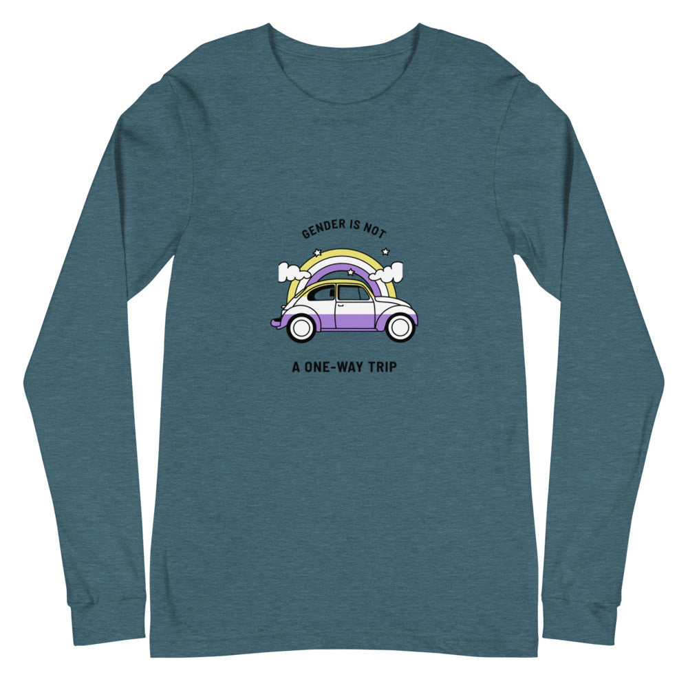 Heather Deep Teal Gender Is Not A One-way Trip Unisex Long Sleeve T-Shirt by Printful sold by Queer In The World: The Shop - LGBT Merch Fashion