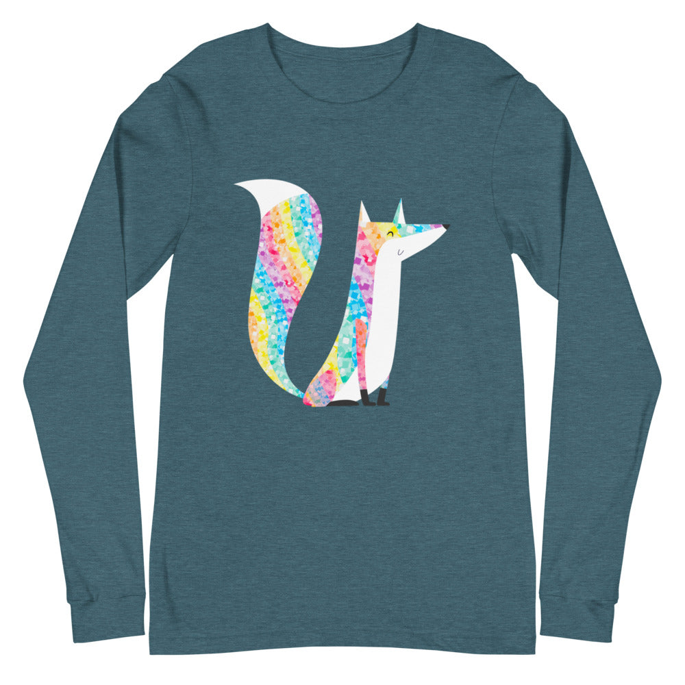 Heather teal long-sleeve shirt with a colorful glitter-style fox graphic