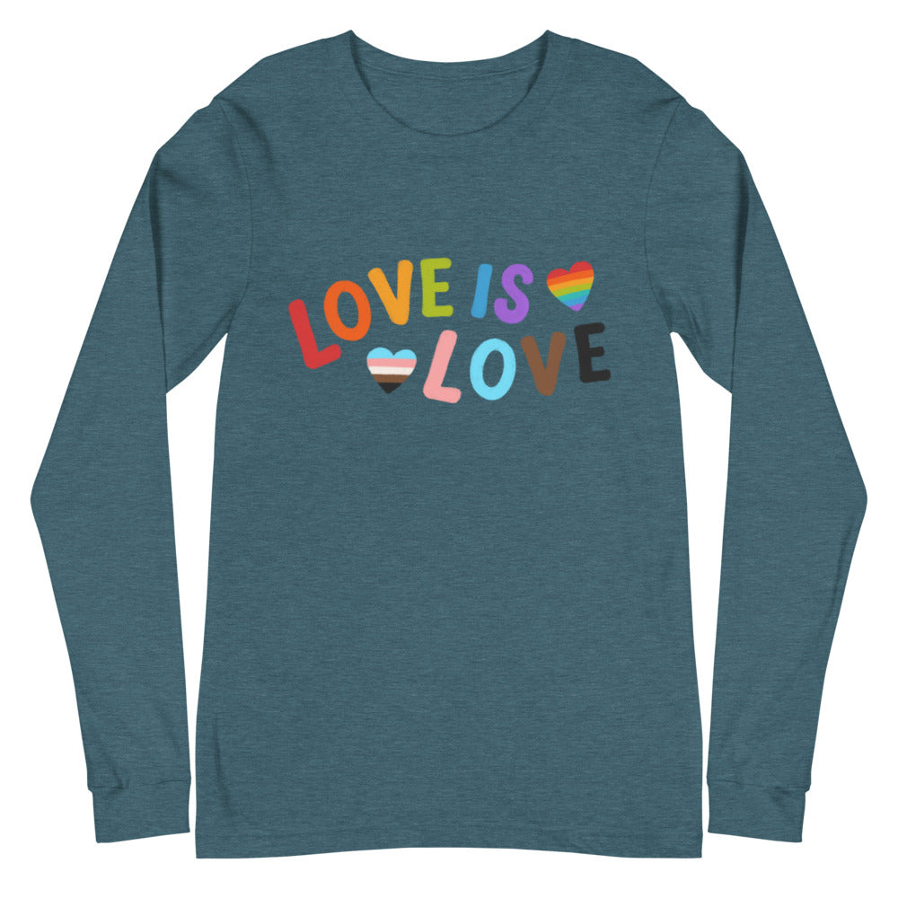 Heather Deep Teal Love is Love  Unisex Long Sleeve T-Shirt by Printful sold by Queer In The World: The Shop - LGBT Merch Fashion
