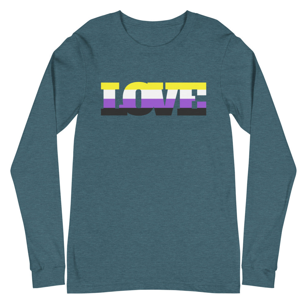 Heather Deep Teal Non-Binary Love Unisex Long Sleeve T-Shirt by Printful sold by Queer In The World: The Shop - LGBT Merch Fashion