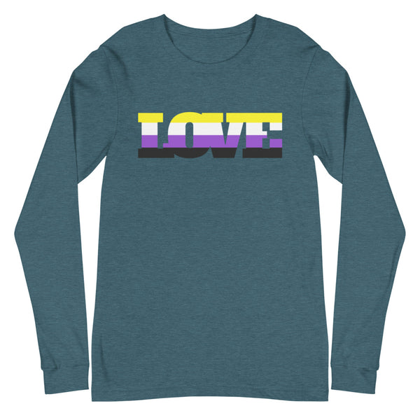 Heather Deep Teal Non-Binary Love Unisex Long Sleeve T-Shirt by Queer In The World Originals sold by Queer In The World: The Shop - LGBT Merch Fashion