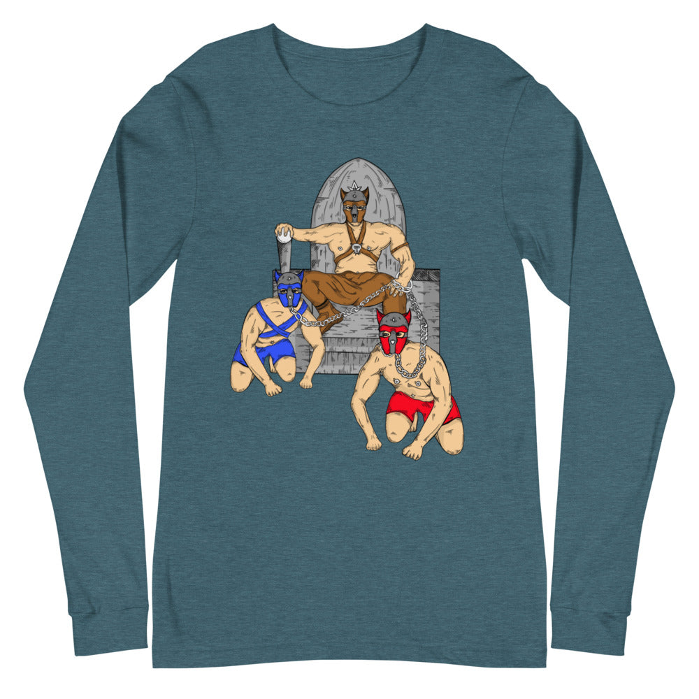 Deep teal long-sleeve shirt with an illustrated pup-play scene of three masked men