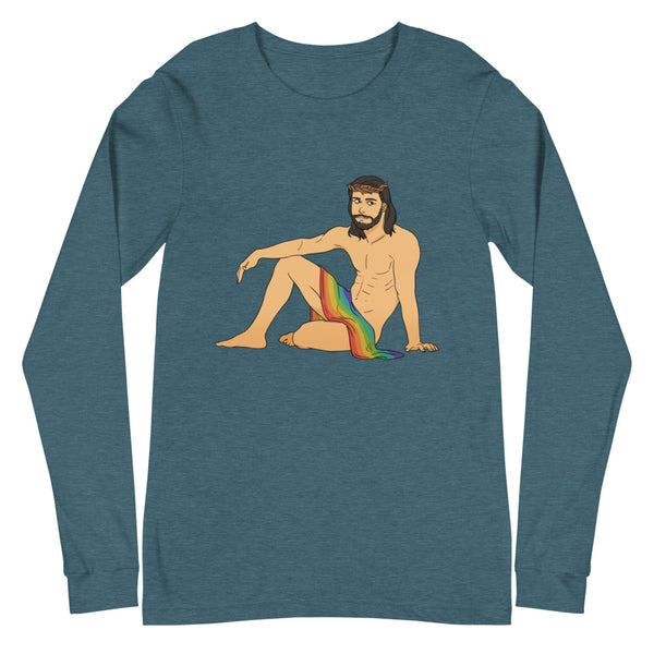 Heather Deep Teal Sexy Gay Jesus Unisex Long Sleeve T-Shirt by Queer In The World Originals sold by Queer In The World: The Shop - LGBT Merch Fashion