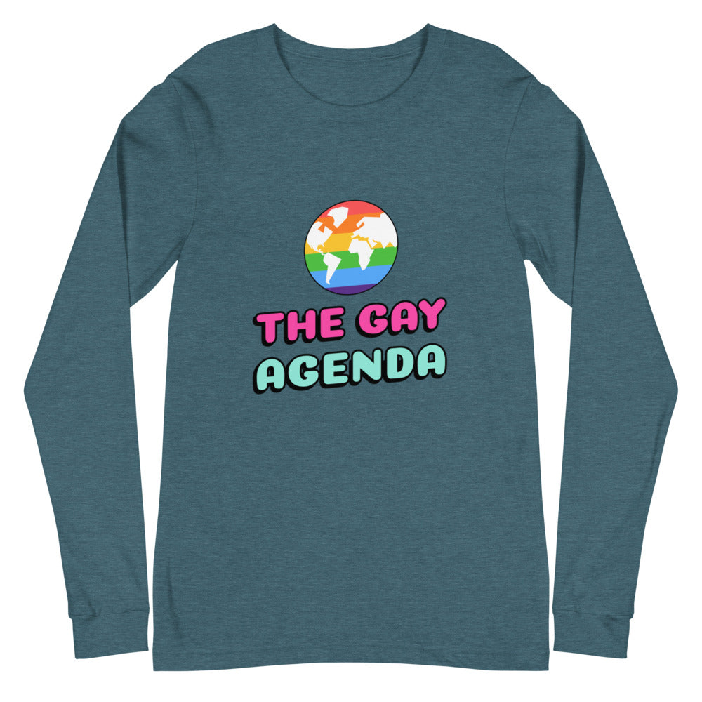 Heather teal long-sleeve shirt reading “THE GAY AGENDA” beneath a rainbow globe graphic