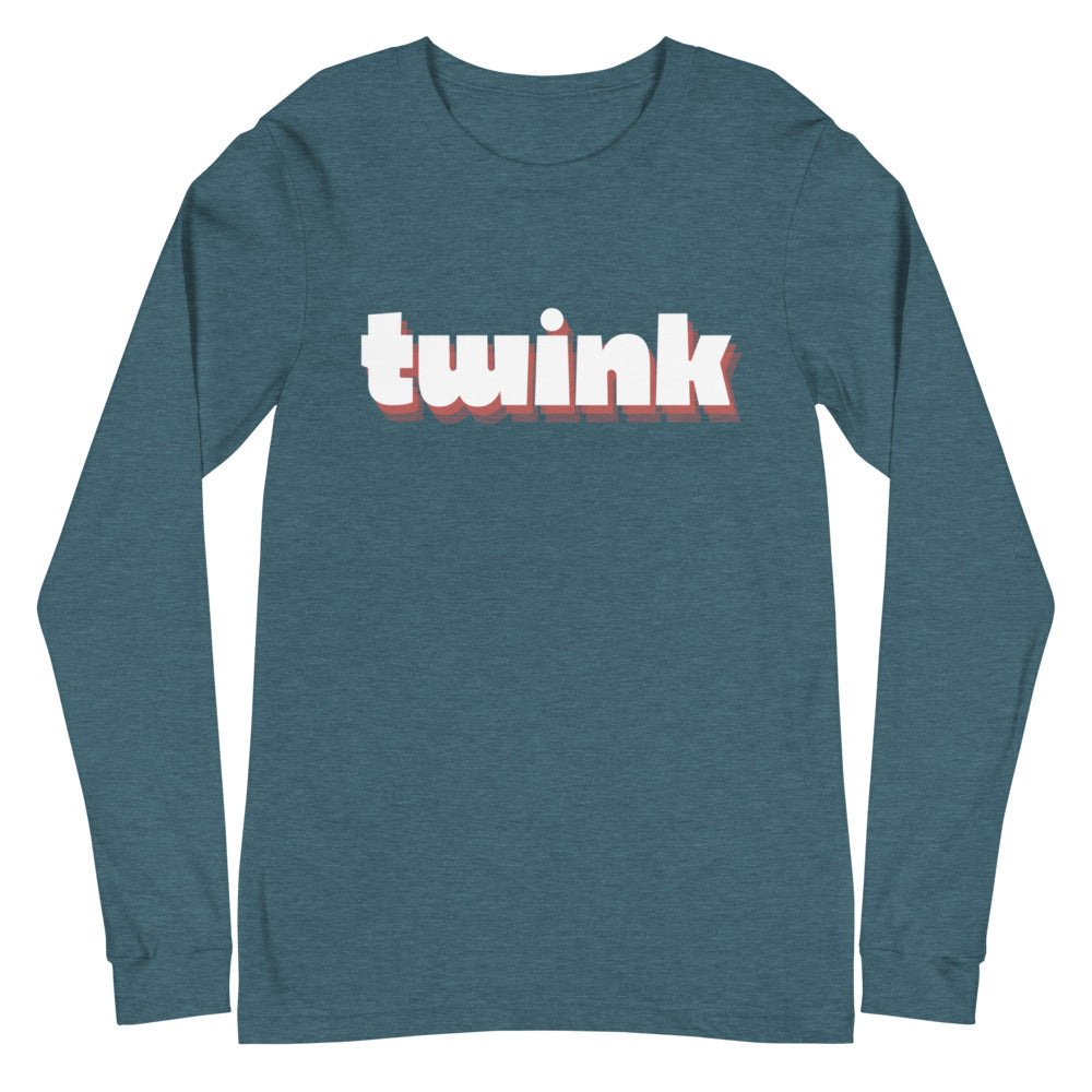 Heather teal long-sleeve shirt with bold white and red-shadowed “twink” text