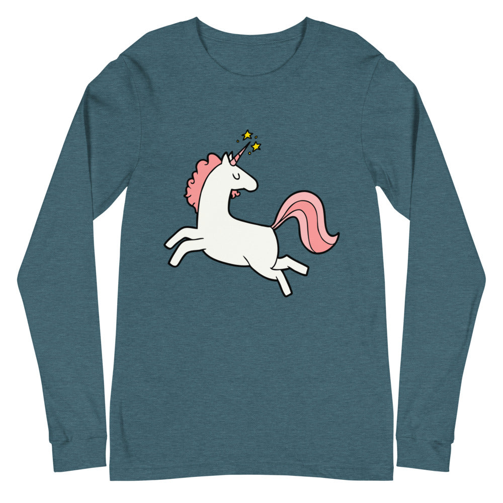 Heather teal long-sleeve shirt with a leaping white unicorn and pink mane and tail