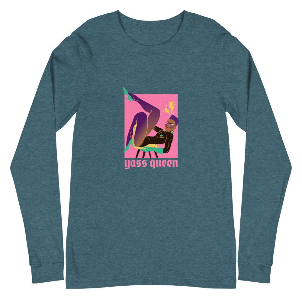 Front view of a deep teal long-sleeve shirt with a colorful reclining figure and “Yass Queen” text