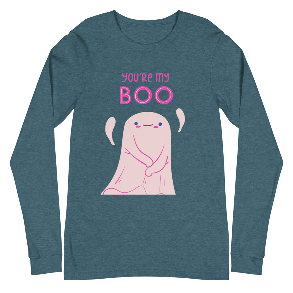 Front view of a heather teal long-sleeve shirt reading “YOU’RE MY BOO” above a pink cartoon ghost.