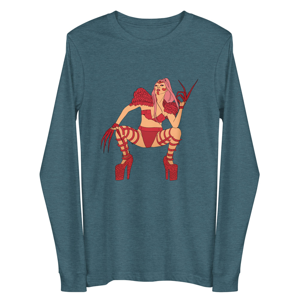 Front view of a teal long-sleeve shirt with a red illustrated winged woman in lingerie and heels