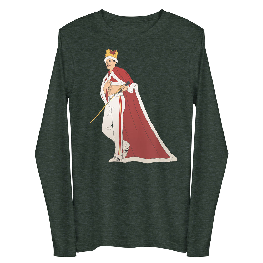 Front view of a dark heather long-sleeve shirt with a crowned Freddie Mercury illustration