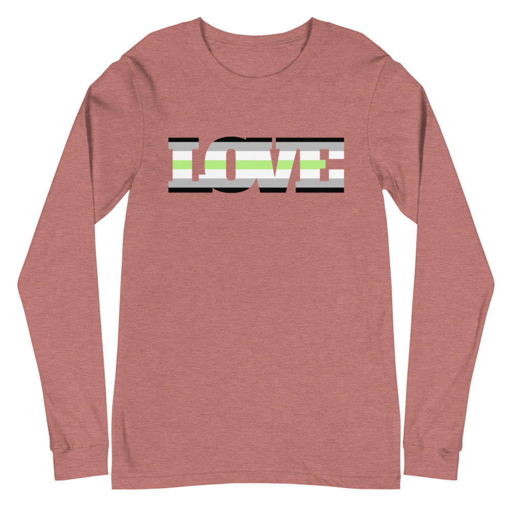 Front view of a heather mauve long-sleeve shirt with a bold LOVE graphic