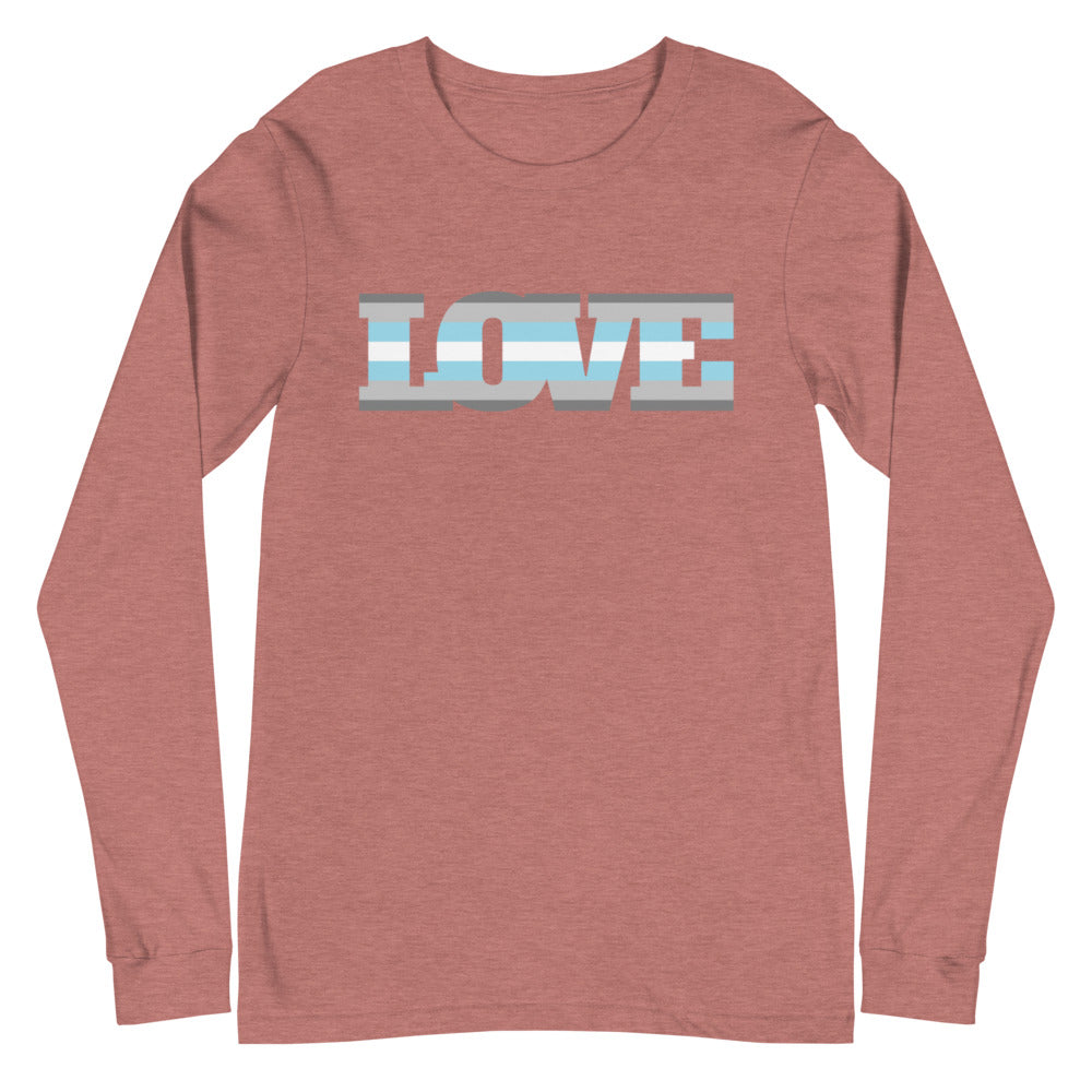 Front view of a mauve long-sleeve shirt with striped blue-and-white “LOVE” lettering