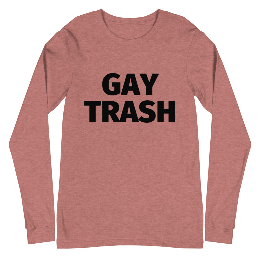 Front view of a heather mauve long-sleeve shirt reading “GAY TRASH” in black