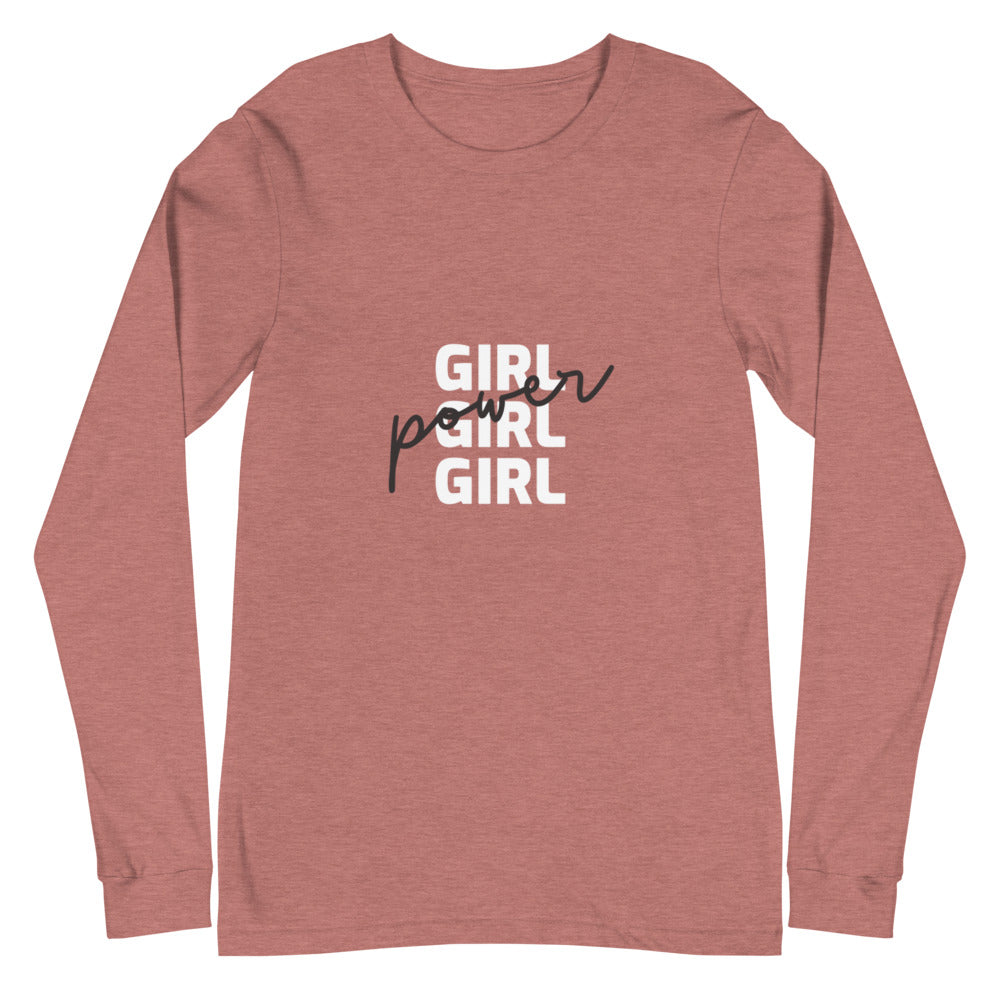 Heather mauve long-sleeve shirt with stacked “GIRL GIRL GIRL” and black “power” lettering