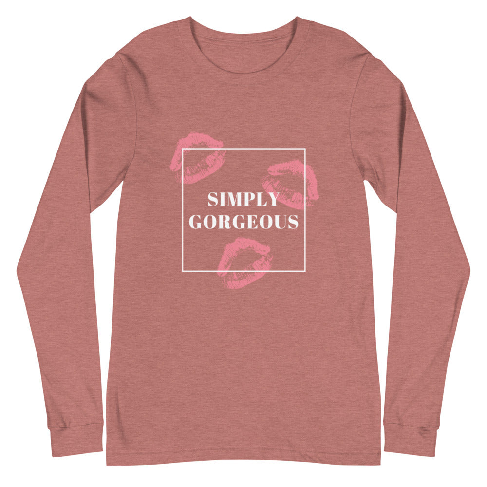 Front view of a mauve long-sleeve shirt reading “SIMPLY GORGEOUS” with pink lips