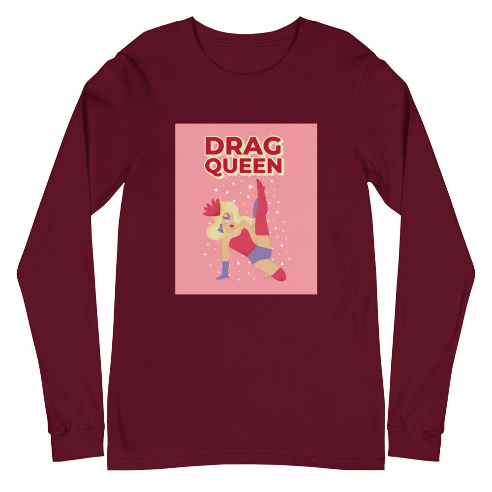 Burgundy long-sleeve shirt with pink DRAG QUEEN graphic and illustrated performer