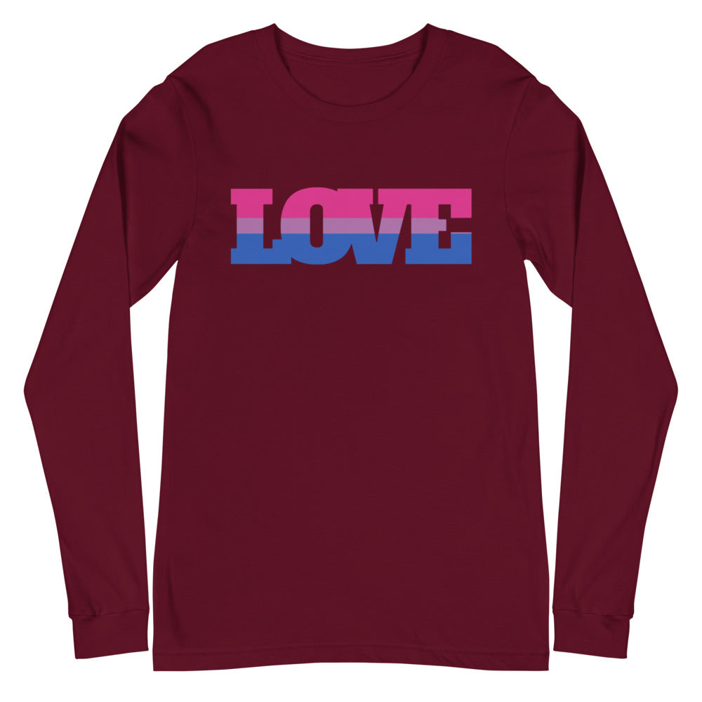 bi fashion: Bisexual Love Unisex Long Sleeve T-Shirt in maroon, "LOVE" bold across chest, letters colored with bi pride flag