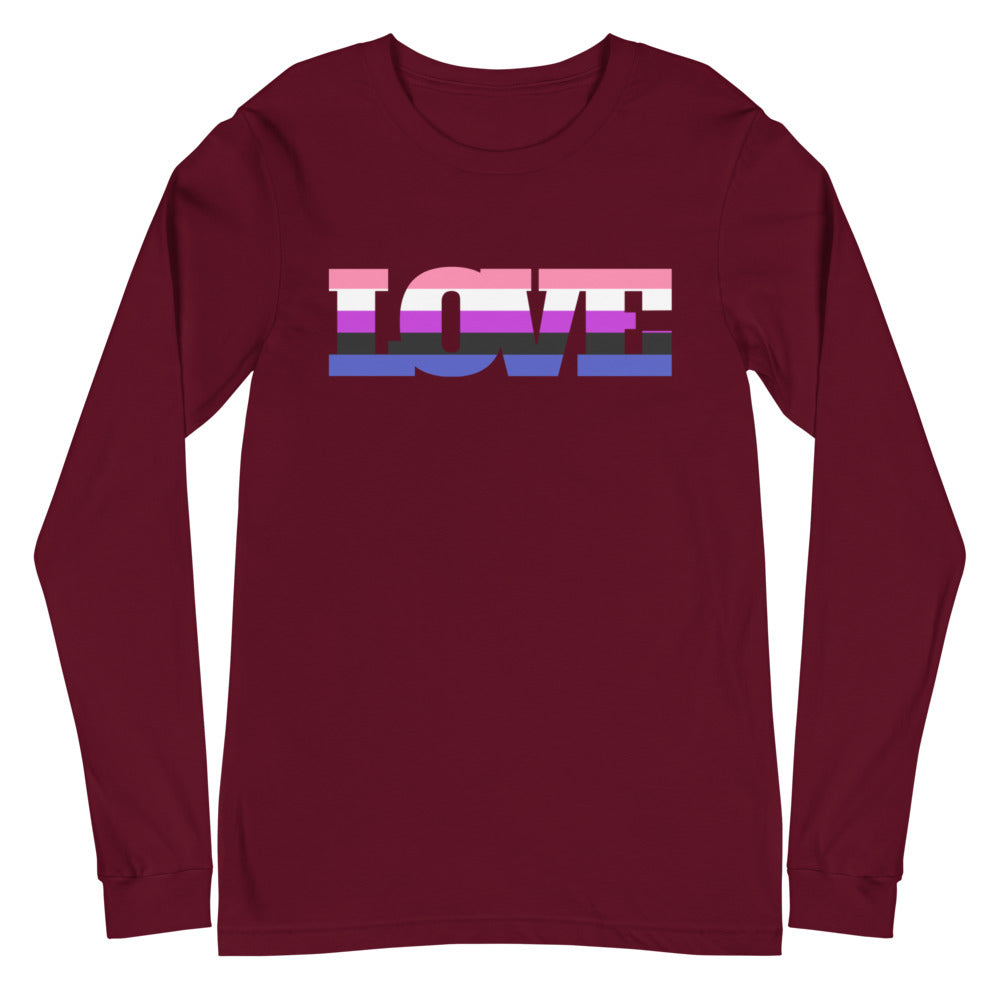 Front view of a maroon long-sleeve shirt with striped “LOVE” lettering