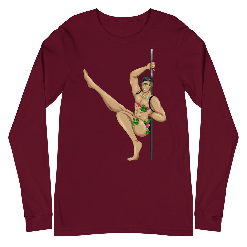 Maroon long-sleeve shirt with an illustrated male pole dancer in a green-and-pink outfit