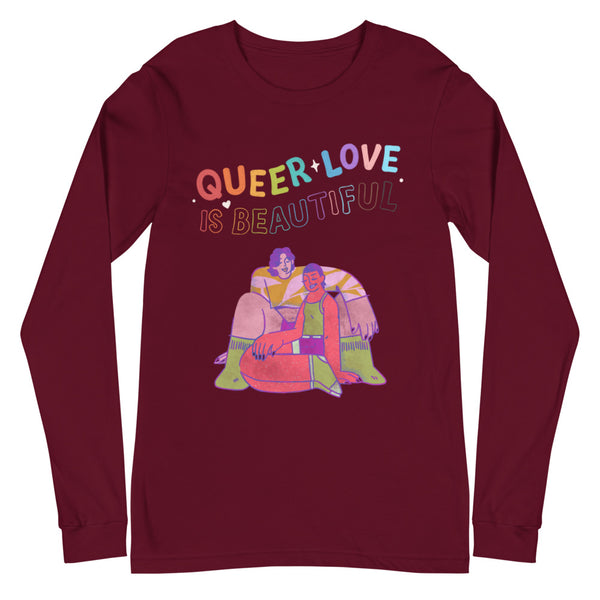 Maroon Queer Love Is Beautiful Unisex Long Sleeve T-Shirt by Queer In The World Originals sold by Queer In The World: The Shop - LGBT Merch Fashion