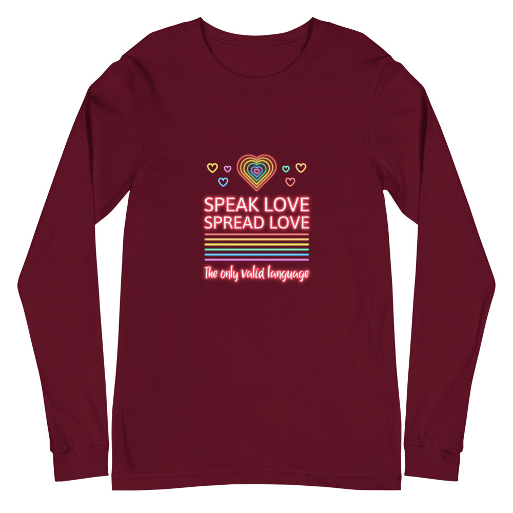 Flat-lay maroon long-sleeve shirt with hearts and “SPEAK LOVE SPREAD LOVE” graphic