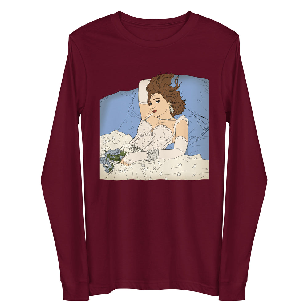 Front view of a burgundy long-sleeve shirt with a vintage-style woman-in-bed illustration