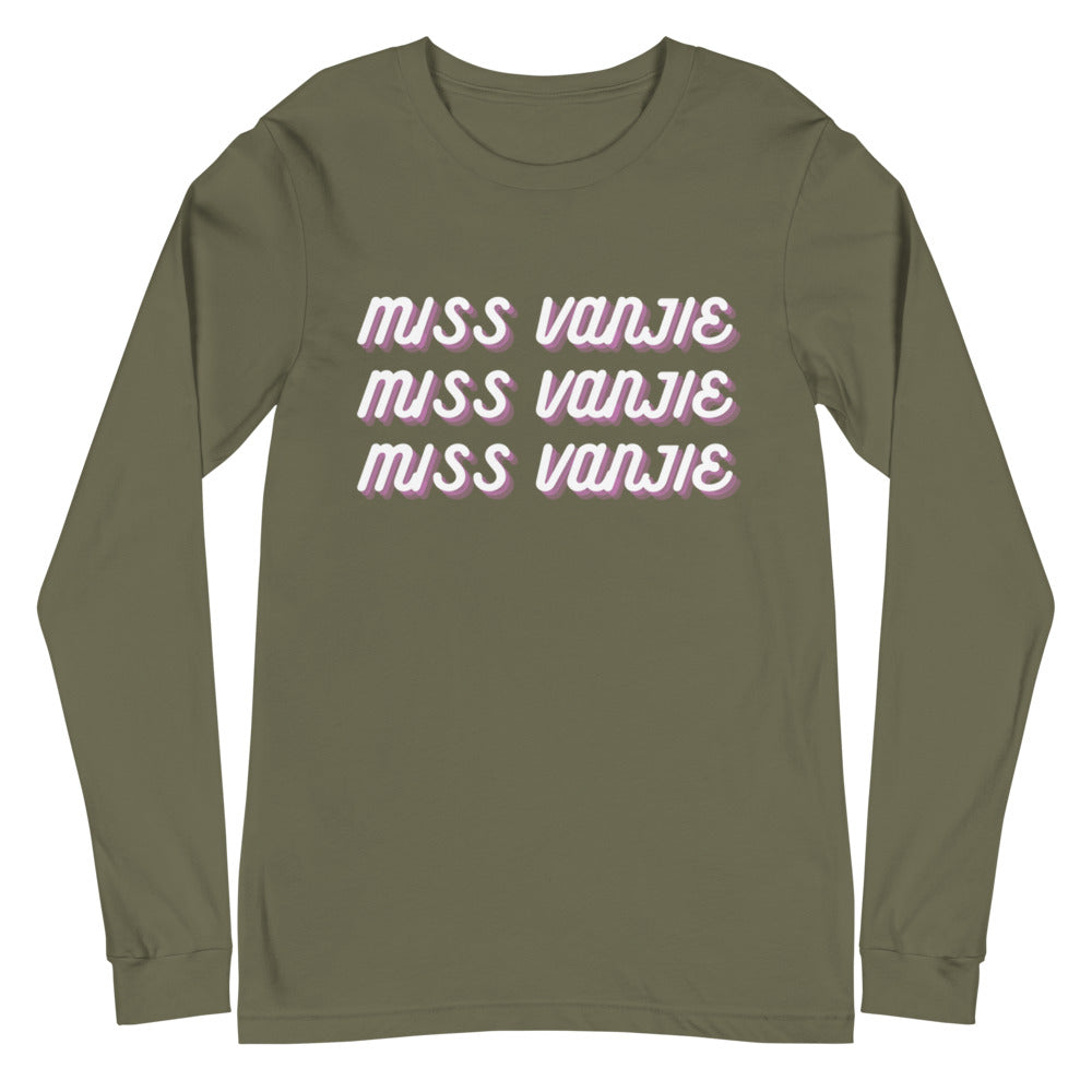 Olive green long-sleeve T-shirt with “MISS VANJIE” repeated in white and pink lettering