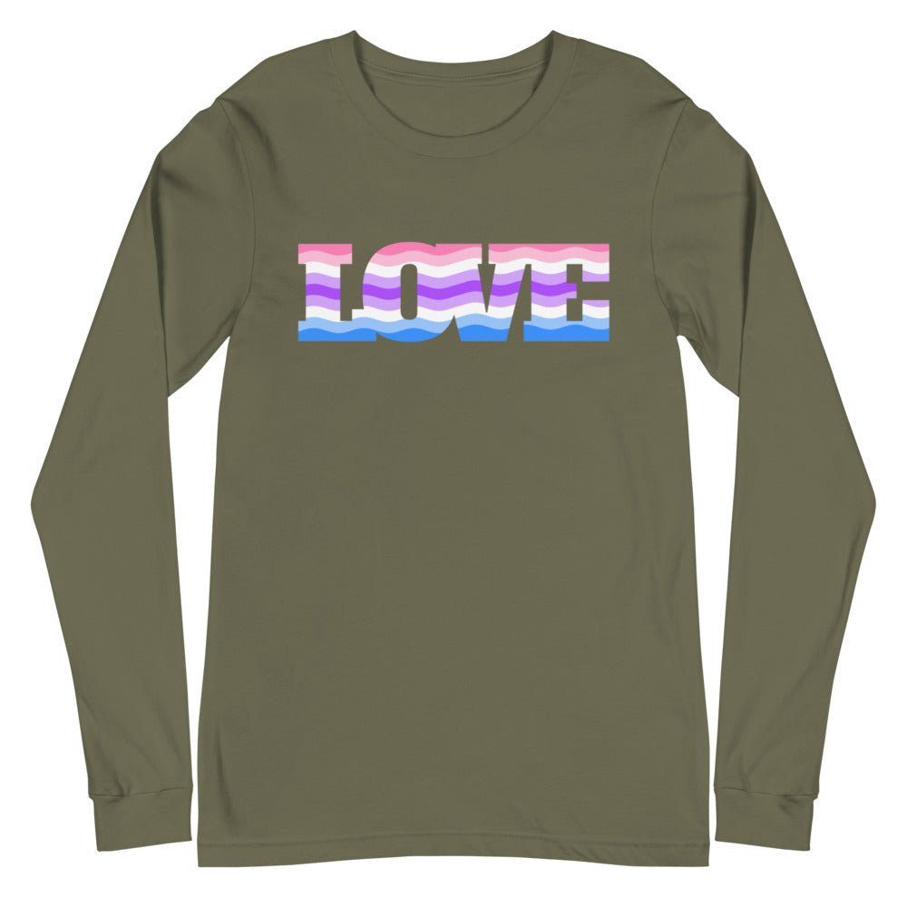 Olive green long-sleeve shirt with “LOVE” in pink, white, purple, and blue stripes