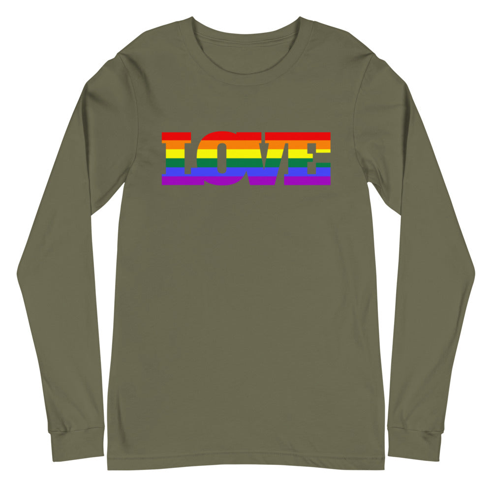 Olive green long-sleeve shirt with “LOVE” lettering in rainbow stripes