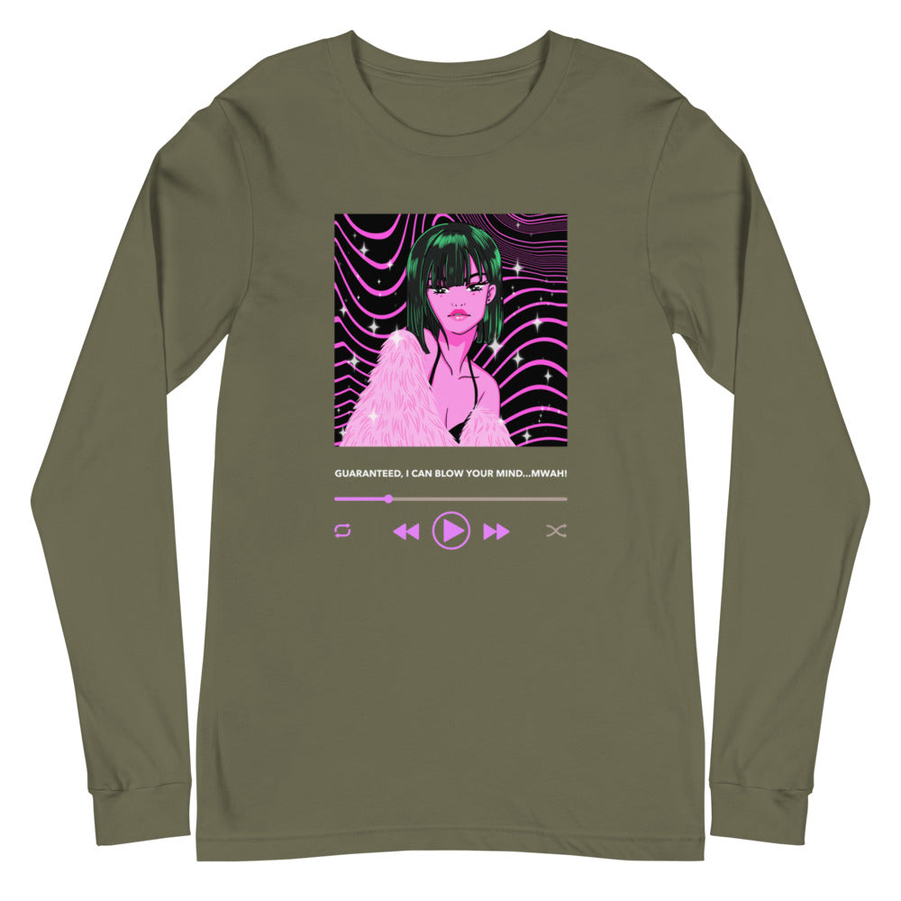 Flat-lay olive-green long-sleeve shirt with pink anime woman and music-player graphic