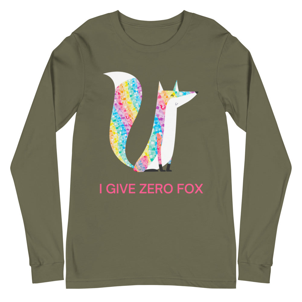 Olive green long-sleeve shirt with a glittery fox graphic and “I GIVE ZERO FOX” text