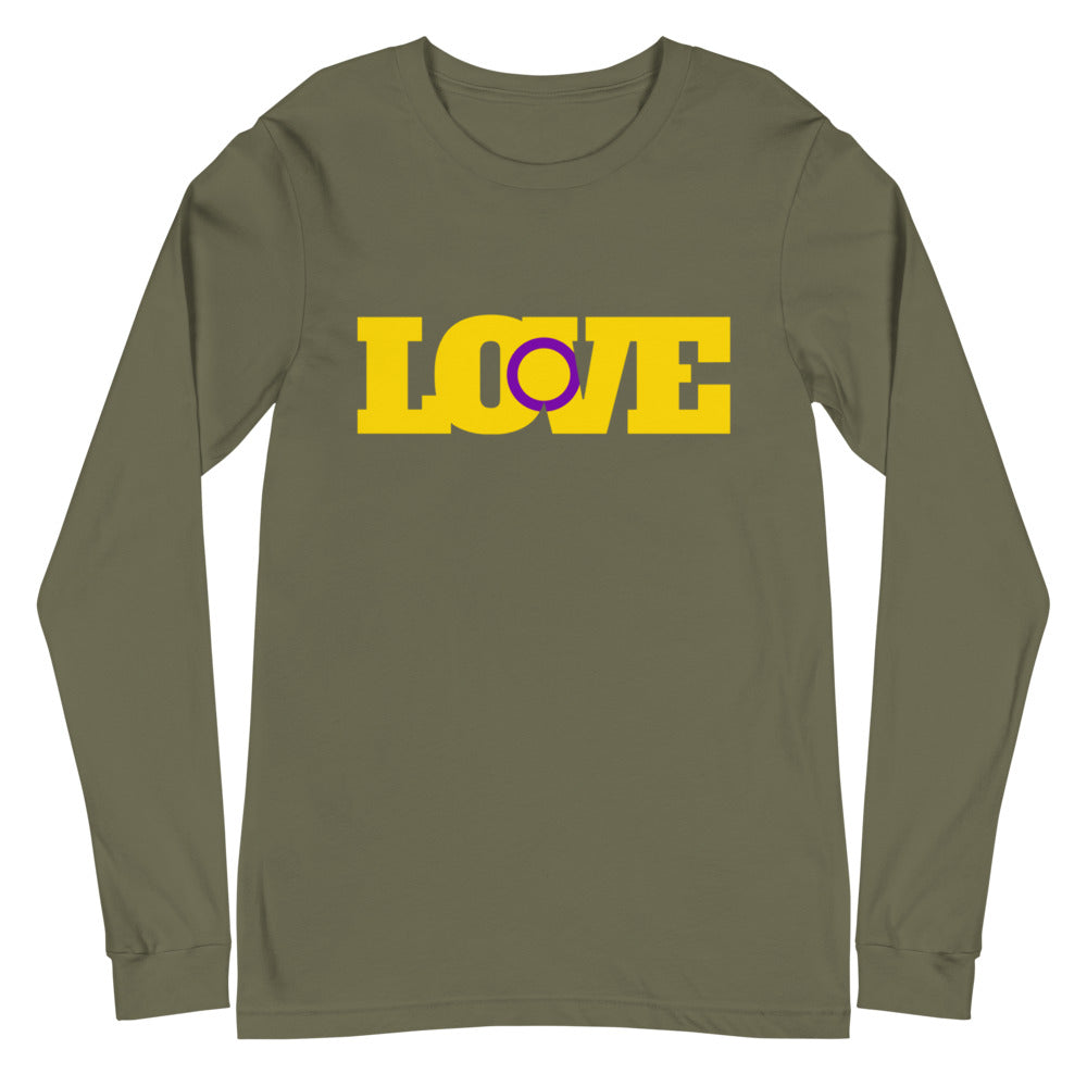 Flat-lay olive green long-sleeve shirt with yellow and purple LOVE chest graphic