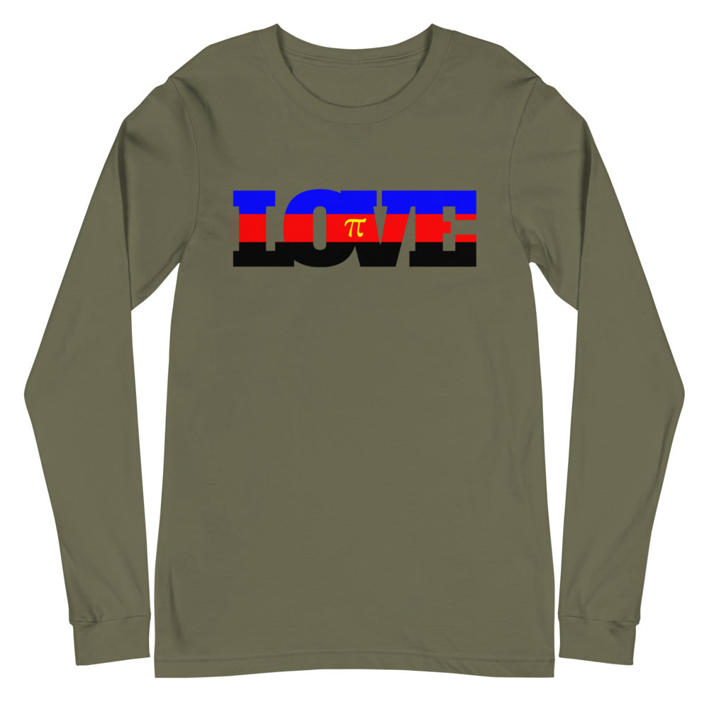 Olive green long-sleeve shirt with a multicolor “LOVE” graphic and pi symbol