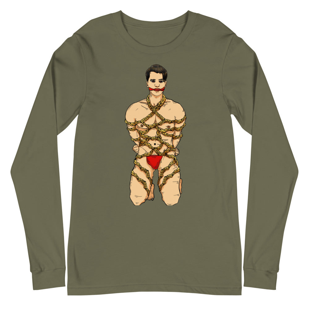 Military Green Shibari Unisex Long Sleeve T-Shirt by Printful sold by Queer In The World: The Shop - LGBT Merch Fashion