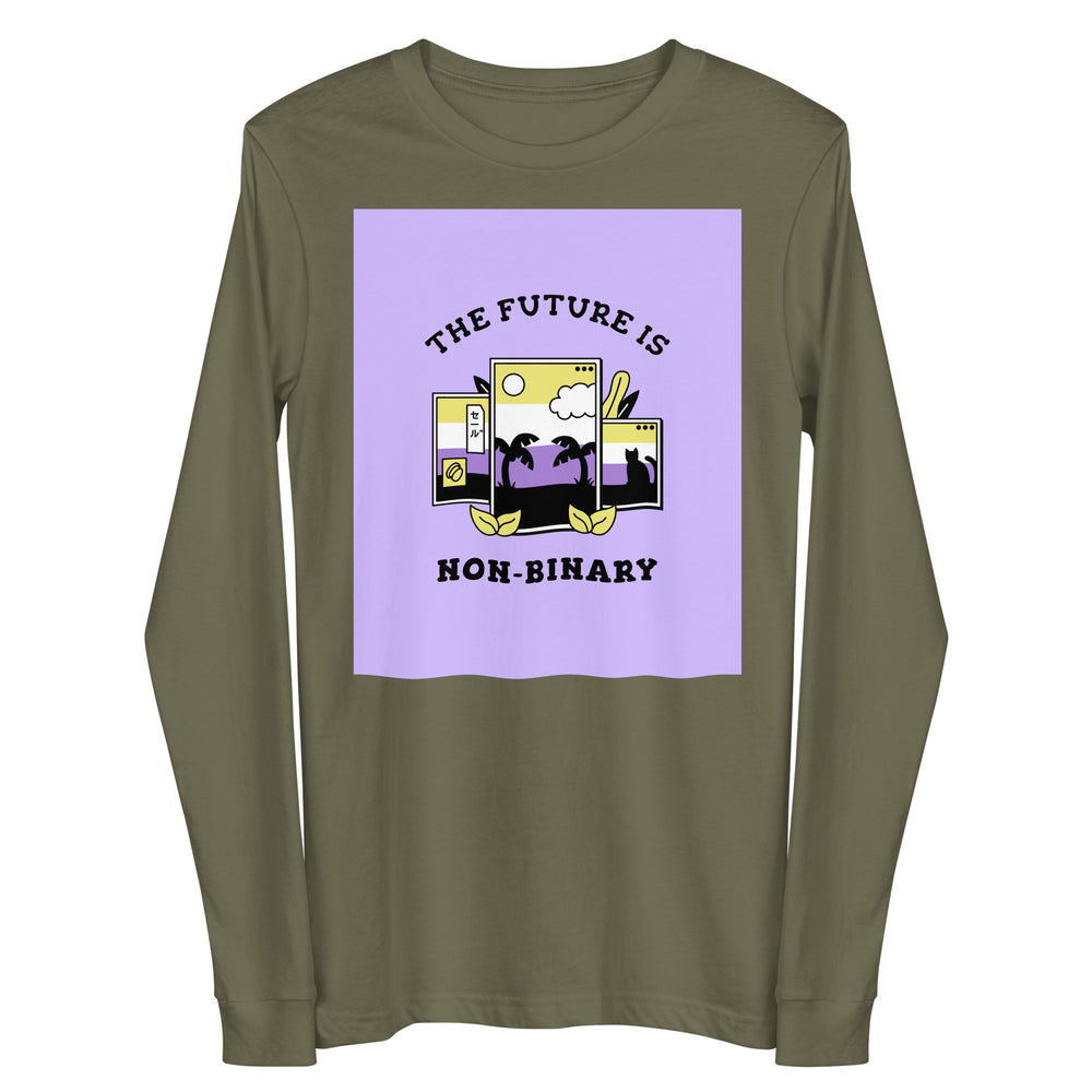 Front view of an olive-green long-sleeve shirt reading “THE FUTURE IS NON-BINARY”
