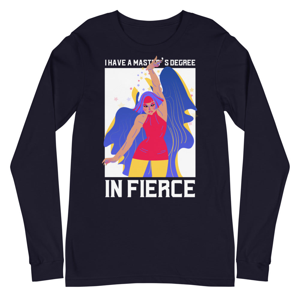 Black long-sleeve shirt with “I HAVE A MASTER’S DEGREE IN FIERCE” angel graphic