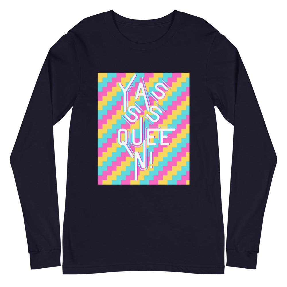 Black long-sleeve shirt with colorful geometric “YASS QUEEN” front graphic