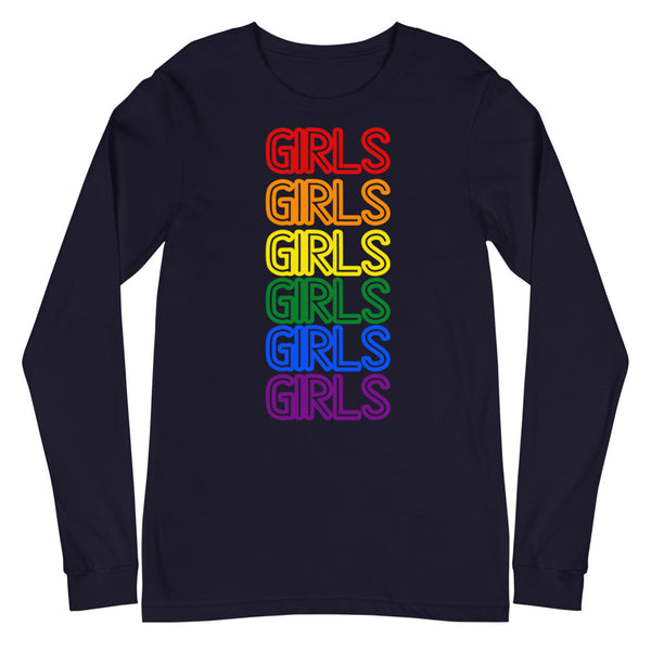 Navy Girls Girls Girls Unisex Long Sleeve T-Shirt by Queer In The World Originals sold by Queer In The World: The Shop - LGBT Merch Fashion