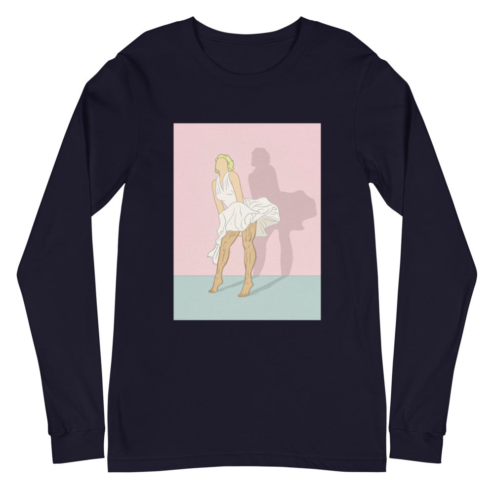 Navy long-sleeve T-shirt with a vintage-style illustration of a figure in a white dress