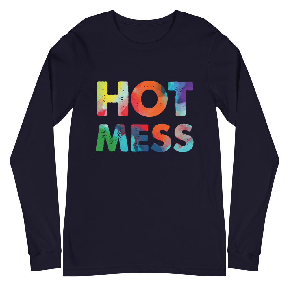 Black long-sleeve T-shirt with colorful distressed “HOT MESS” lettering