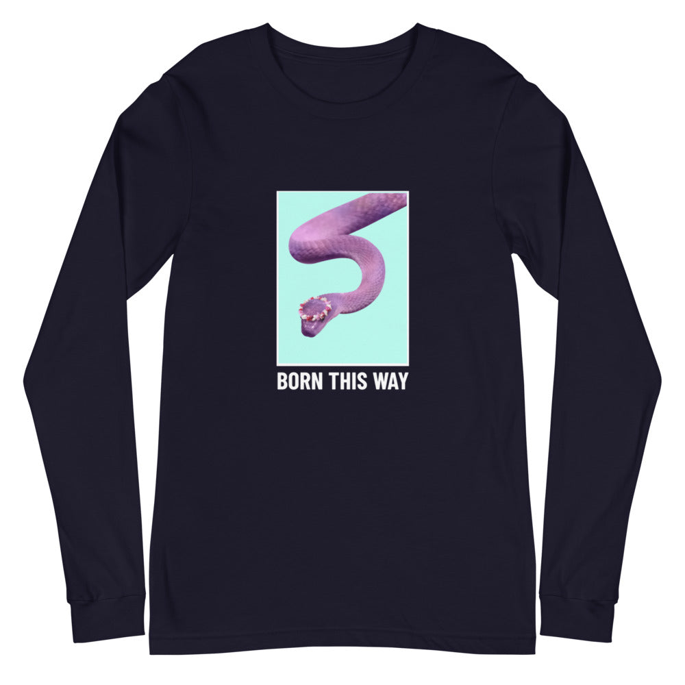Front view of a dark navy long-sleeve shirt with a purple snake graphic and “BORN THIS WAY” text