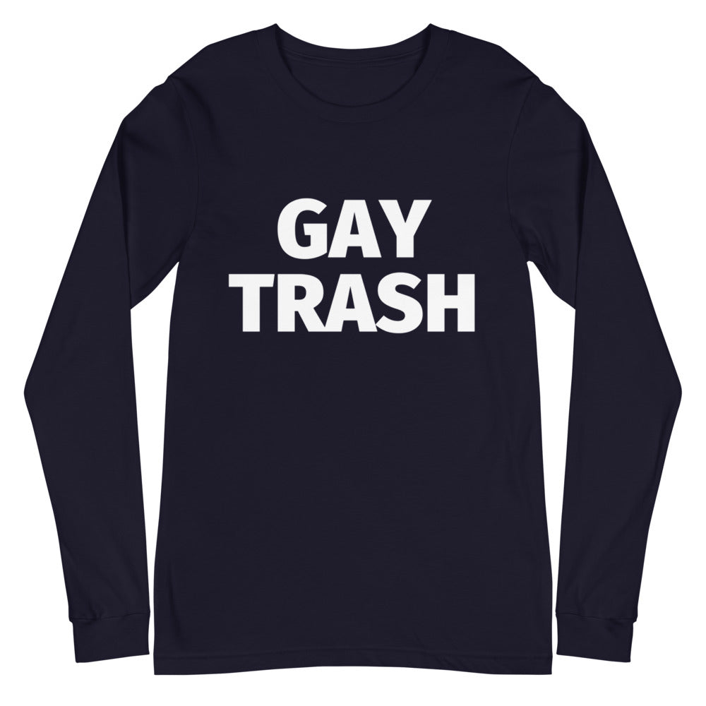 Gay Trash Unisex Long Sleeve T-Shirt with bold white lettering, modeled by a queer person with big curly magenta hair and glam makeup.