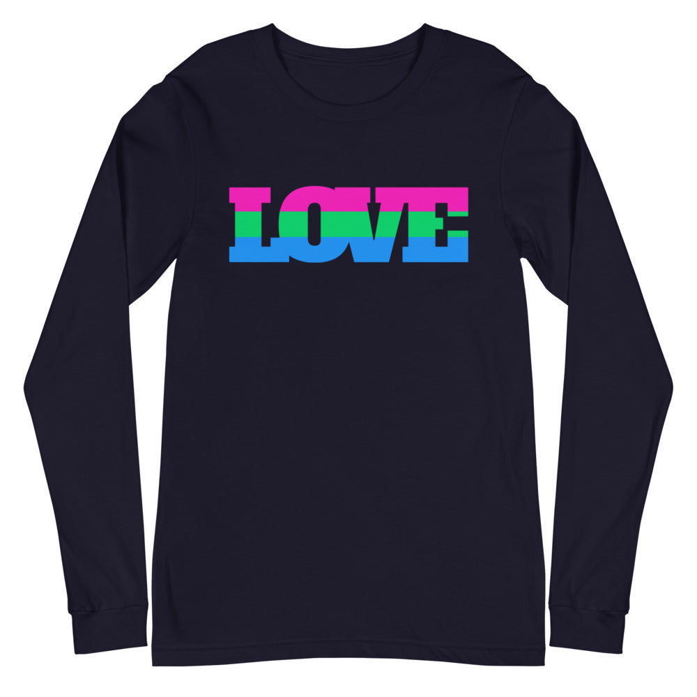 Front view of a dark navy long-sleeve shirt with colorful striped “LOVE” lettering