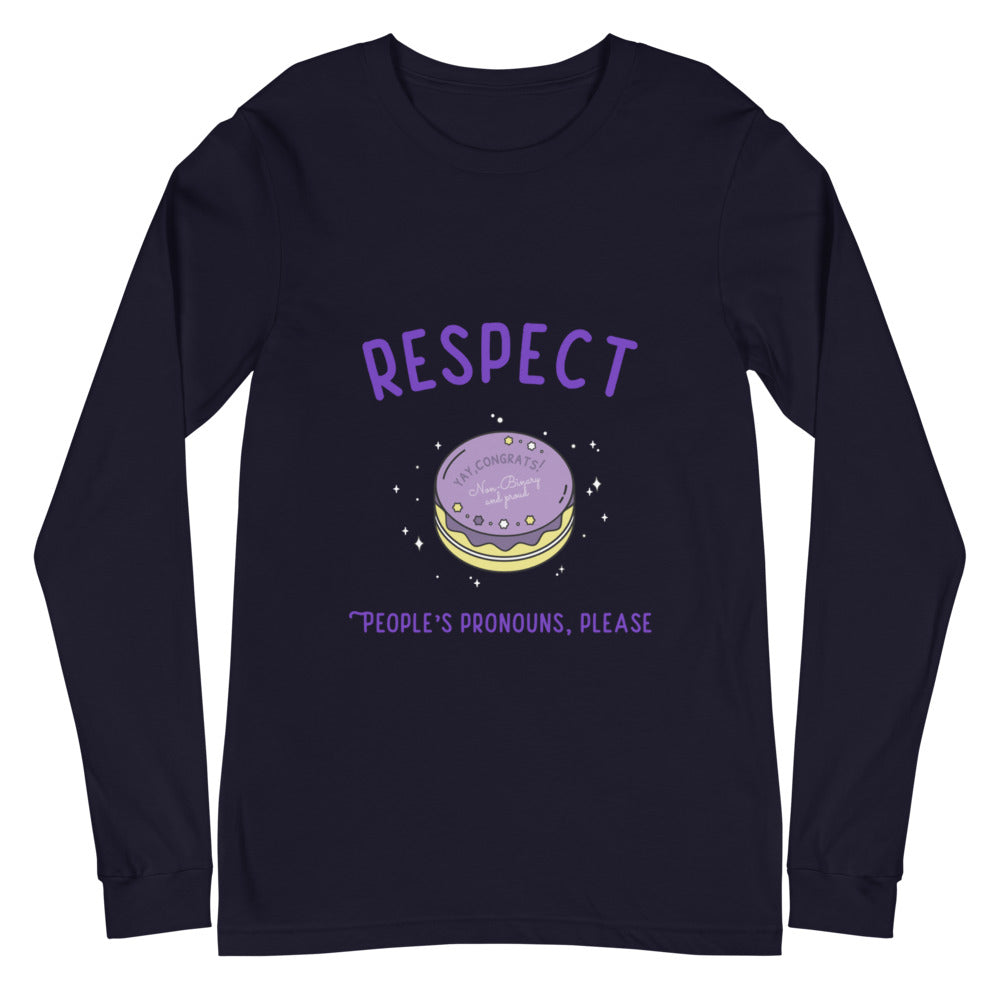 Flat-lay navy long-sleeve shirt reading “RESPECT PEOPLE’S PRONOUNS, PLEASE”