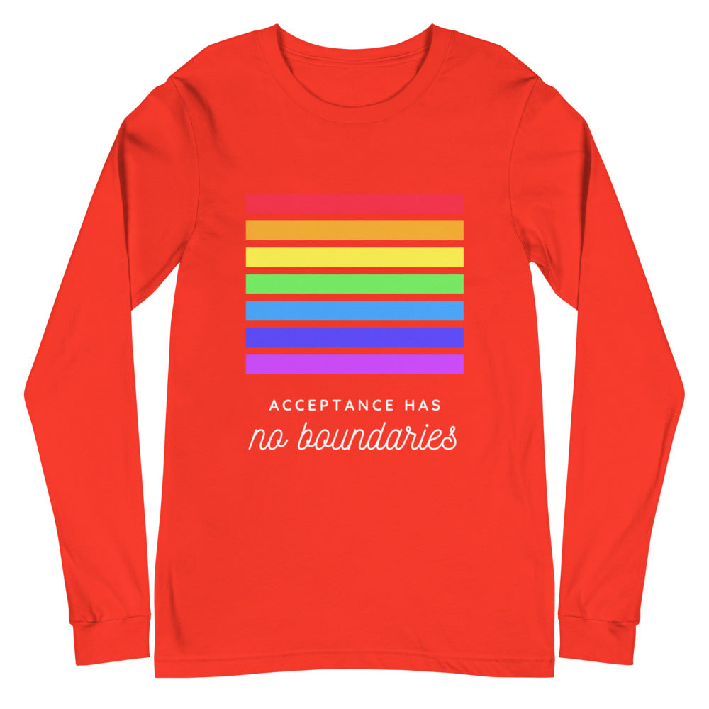 Red long-sleeve shirt with rainbow stripes and “Acceptance Has no boundaries” text