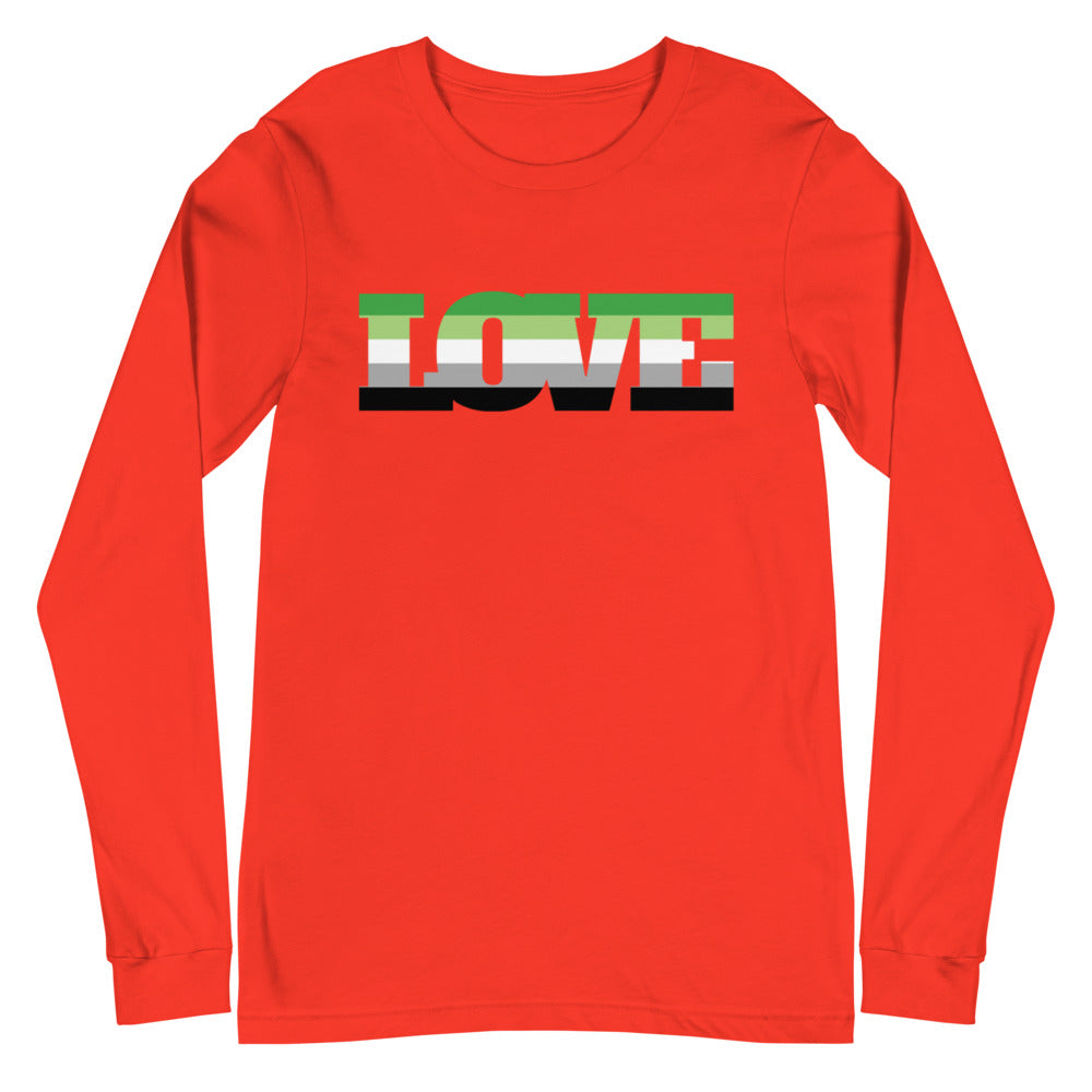 Front view of a red long-sleeve shirt with a green, white, gray, and black LOVE graphic